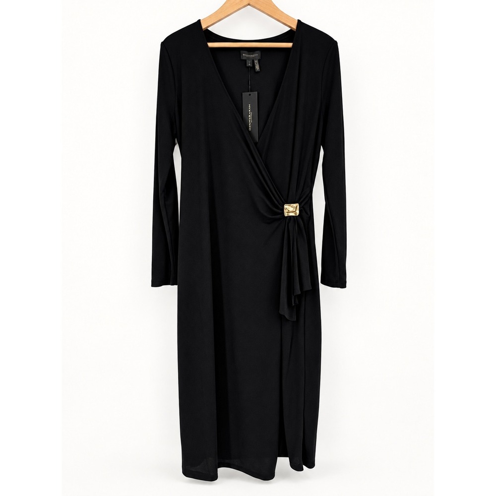 NEW Donna Karan Medium Dress Black Long Sleeve Faux Wrap Gold Sophisticated Work